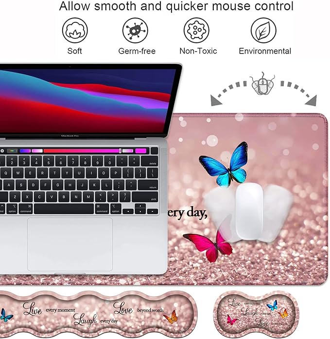 Ergonomic Keyboard Wrist Rest & Mouse Pad Wrist Rest Set, Large XXL Gaming Desk Mat 31.5"x 11.8", Non-Slip Base, Memory Foam, Easy Typing Pain Relief for Office & Home, Glitter Quote Live Laugh Love