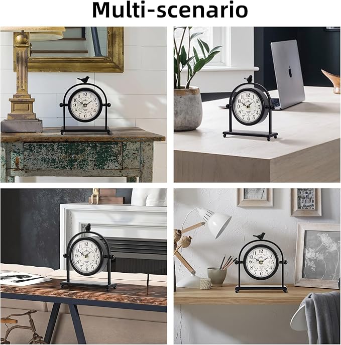 MODE HOME Silent Battery Operated Black Metal Analog Desk Clock with Bird, Small Table Clock for Farmhouse Decor, Mantel Shelf, Home and Living Room
