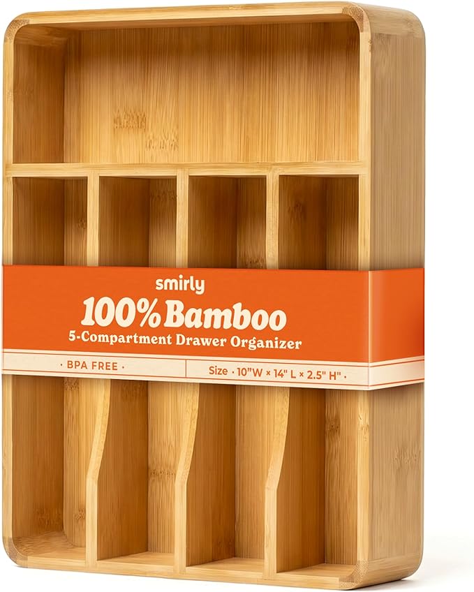 SMIRLY Silverware Drawer Organizer – Bamboo Kitchen Drawer Organizer, Adjustable Utensil Holder and Cutlery Tray, Drawer Dividers for Flatware and Kitchen Utensils