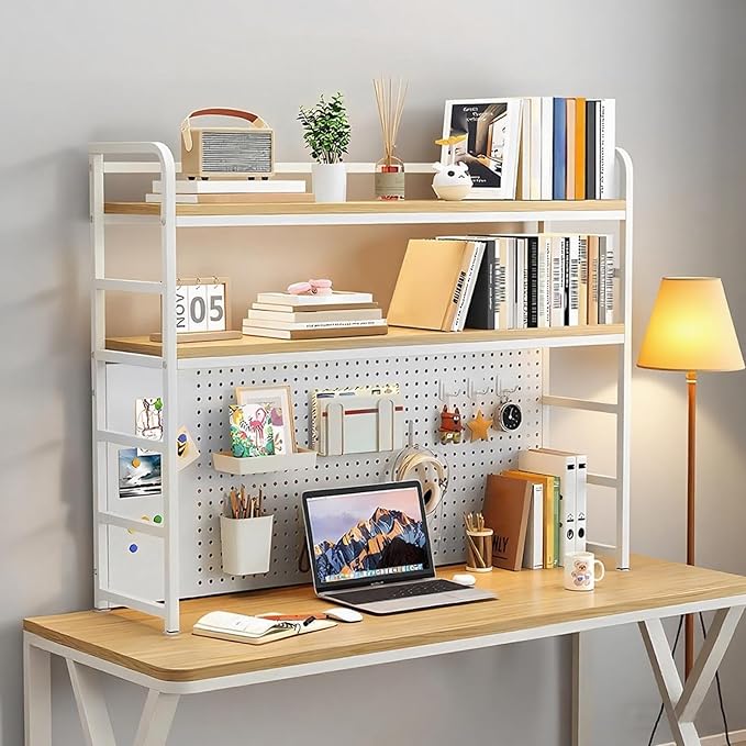 2-Tier Desktop Bookshelf Hutch - Metal Desk Shelf Bookcase with Desk Pegboard Countertop Storage Organizer Rack for Dorm or Office (A, 110cm/43in)
