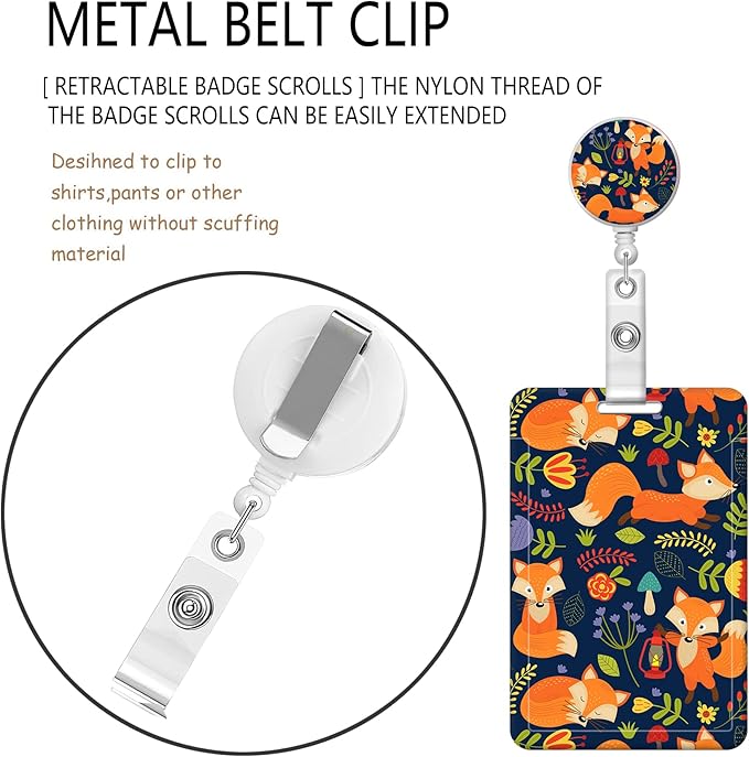 BLOCIT ID Badge Holder with Lanyard - Fashionable ID Card Holders with Retractable Lanyards - Soft Fiber Metal Clip Sturdy Buckle for Key Wallet - Work Nurse Teacher (Cute Flower Fox)