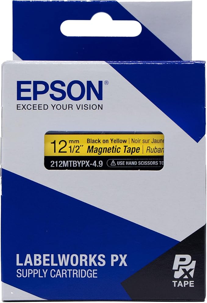 Epson LABELWORKS 212MTBYPX-4.9 Genuine Magnetic Tape Cartridge - Black on Yellow Magnet Label Maker Tape - 1/2" (12MM) Wide, 4.9 ft, Yellow
