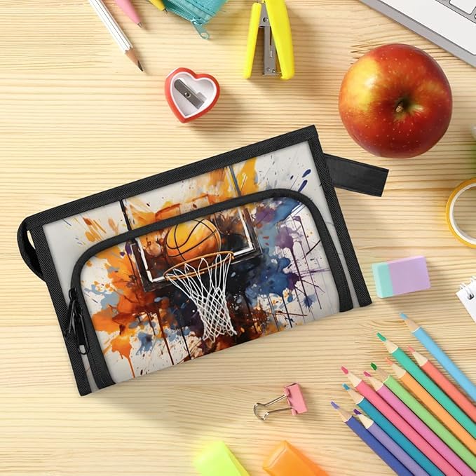 Large Capacity Pencil Case Pouch, Basketball Sport Portable Zipper Pencil Cases Pencil Bag Office Stationery Bag Makeup Bag Desk Organizer for Women Men