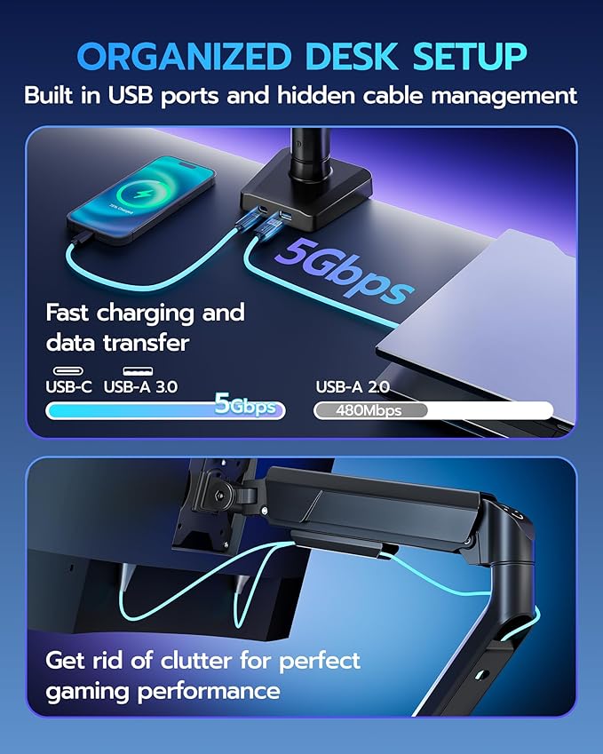 ARES WING Heavy Duty Single Monitor Arm - Fully Adjustable Monitor Mount for 17"-40" Ultrawide Screens Up to 26.4 lbs with Clamp/Grommet Desk Mount and USB A/C, 75/100 Vesa Mount, Black