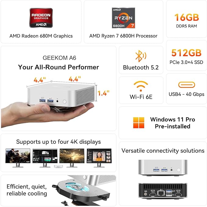 GEEKOM A6 Mini PC with AMD Ryzen 7 6800H, 16GB DDR5 RAM(Upgradable, Not LPDDR) 512GB NVMe SSD, Compact Aluminium Design Windows 11 Desktop Computer for Home/Business, USB4/8K/Wi-Fi 6E/BT 5.2/SD Slot