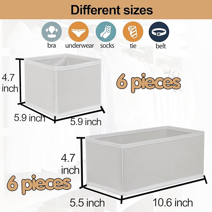 Drawer Organizer Clothes, Foldable Fabric Dresser Organizer Closet Organizers and Storage Box for Underwear,Folded Clothes,Baby Clothing,Socks,Bra,Towels,Ties(6M+6S,White)