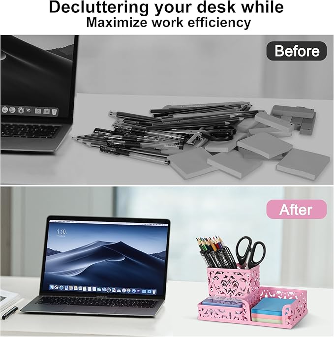 EasyPAG Desk Organizer 3 Compartment Pen Holder for Desk Office Supplies Caddy with Sticky Notes Holder for School Home, Pink