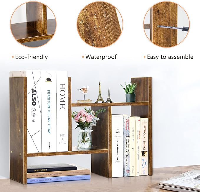 J.M.Deco Desktop Organizers and Storage for Office, Adjustable Desktop Organizer Shelf Double H Display, True Natural Stand Shelf, Desktop Shelf Organizer Natural Wood Tone