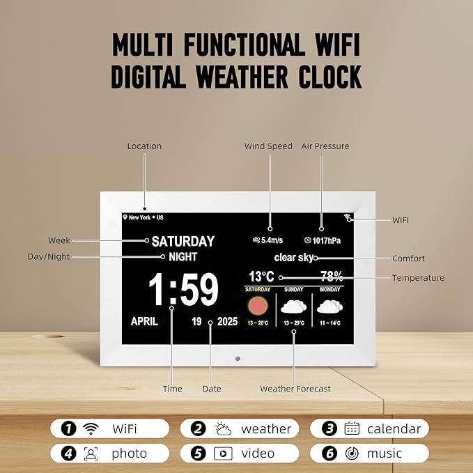 Digital Alarm Clock, Multiple Alarm Functions, Clock with Date and Week, Digital Alarm and Electronic Calendar for Seniors (White, 10 inch WiFi)