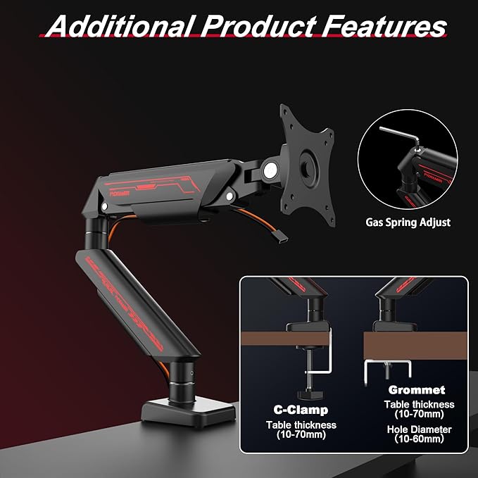 Monitor Arm for 17-35" Screens up to 24.2 lbs, Ergonomic Gas Spring Monitor Stand with Height Adjust, Tilt, Swivel & Cable Management, VESA Desk Mount with 2 Types of Installation, Black