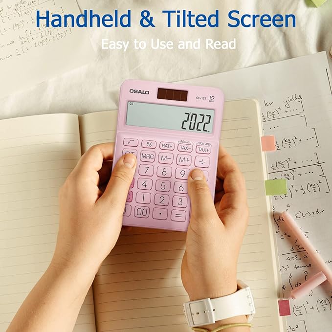 Pocket Small Size Desk Calculator, 12 Digit Large LCD Display, Basic Tax Function Handheld Desktop Calculator with Solar Battery Dual Power, Perfect for Office, School, Business OS-12T (Pink)