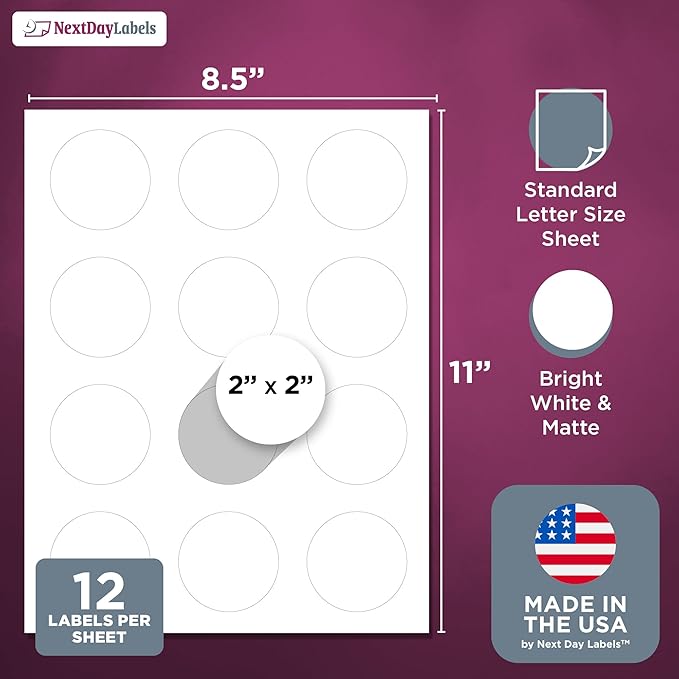NextDayLabels 2 Inch Round Circle Stickers White for Bleeds Laser Inkjet - 12 Per Sheet Self-Adhesive Candle Jar Product Lids Made in USA - 3000 Labels