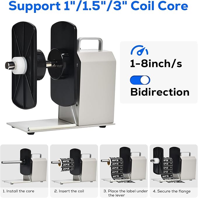 Automatic Label Rewinder Machine with Bidirectional Functionality, Supports 1"/1.5"/3" Core Sizes, Accommodates Labels up to 4.72" Wide, Features Printer-synchronized Operation, Speed Adjustable