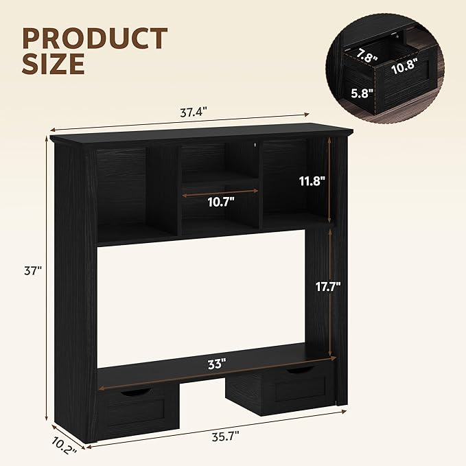 Desktop Bookshelf with Computer Monitor Stand, 37.4''W Desk Shelf Display Rack, Desktop Organizer Storage Rack with 4 Cubbies and 2 Drawers, 5-Tier Desk Hutch for Home, Office, Dorm, Vanity