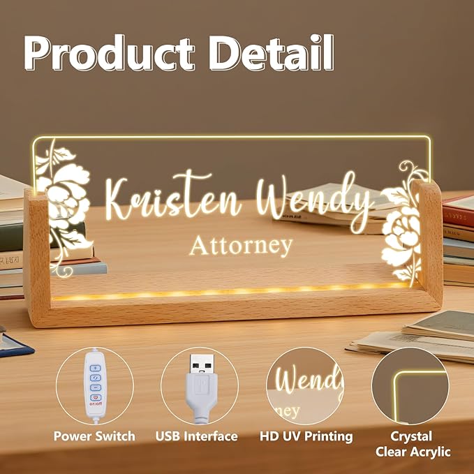 Ships Next Day, Custom Name Plate for Desk - Business Light Up Acrylic Desk Name Plate Personalized Elegant Office Gift for Boss Coworker Teacher Employee Appreciation Gift, Office Decor for Women Men