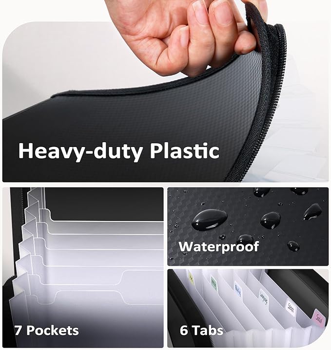 Sooez 7 Pockets Accordion File Organizer, Zipper Expanding File Folder, Heavy Duty Folder Organizer, Sleek Letter Size Accordion Folder, Portable Expandable File Folder for Documents, Sky Blue