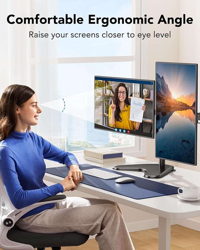 HUANUO 32 inches Dual Monitor Stand up to 17.6lbs per Arm, High-Grade Aluminum Free Standing Dual Monitors Mount for 2 Screens. Fully Adjustable Dual Monitor Stand for Desk with Tilt, Swivel, Rotation