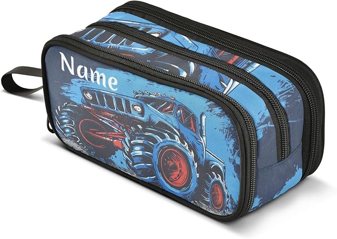 Custom Monster Truck Blue Pencil Case Box Boys Girls Personalized Name Large Pencil Pouch Stationery Pen Bag Organizer for Kids Adults School Office