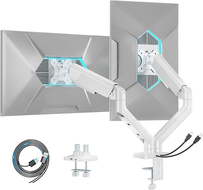 ARES WING Dual Monitor Mount, Heavy Duty Monitor Arms for 2 Monitors for 17-35 Inch, Fully Adjustable Monitor Desk Stand with USB A/C for Ultrawide Screen, VESA 75x75 or 100x100mm, White