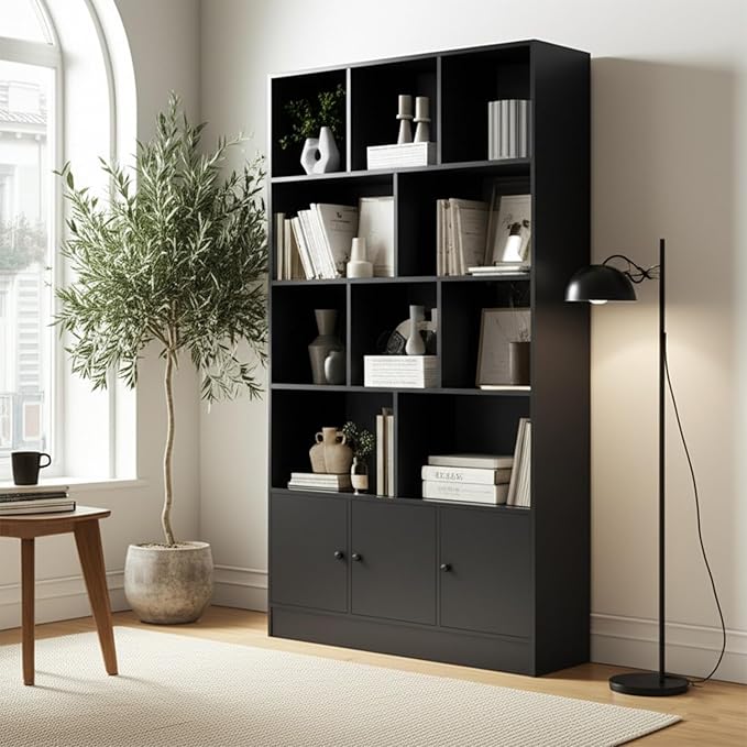 Anystyle Black 5-Tier Bookshelf, 13-Cube Storage Cabinet with 3 Doors, Freestanding Bookcase for Living Room & Home Office, 35.4” W x 11.8” D x 65” H