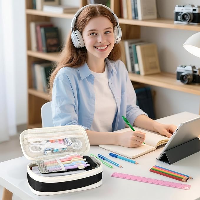 Large Capacity Pencil Case with Zipper, Aesthetic Pencil Pouch, Portable Stationery Organizer Bag for Teen and Adults, Big Pencil Bag for College, Office, Travel - Black