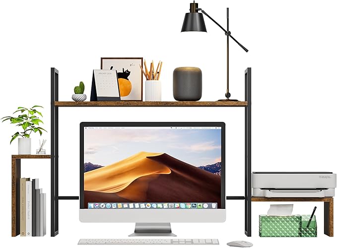 WelFurGeer LED Desk Shelf Organizer with RGB Light Strip, 2-Tier Desktop Shelf for Computer Monitor, Sturdy Metal Frame & Wood Shelves - Desk Hutch Bookshelf for Home Office, Dorm, Gaming (Brown)