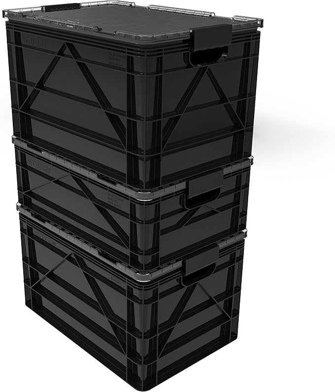 SIDIO Crate Pro Pack - 2 Full-Size & 1 Half-Size Heavy Duty Stackable Storage Bins, Totes and Containers with Lids and Dividers - Durable Plastic Organizer for Home, Office, Garage, and Outdoor Use
