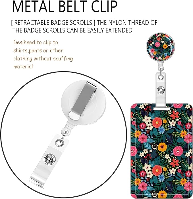 BLOCIT ID Badge Holder with Lanyard and Retractable Badge Reel Clip, Cute Card Name Tag Lanyard Vertical ID Protector Bage Clips for Nurse Doctor Teacher Student（Colorful Flowers and Leaves）