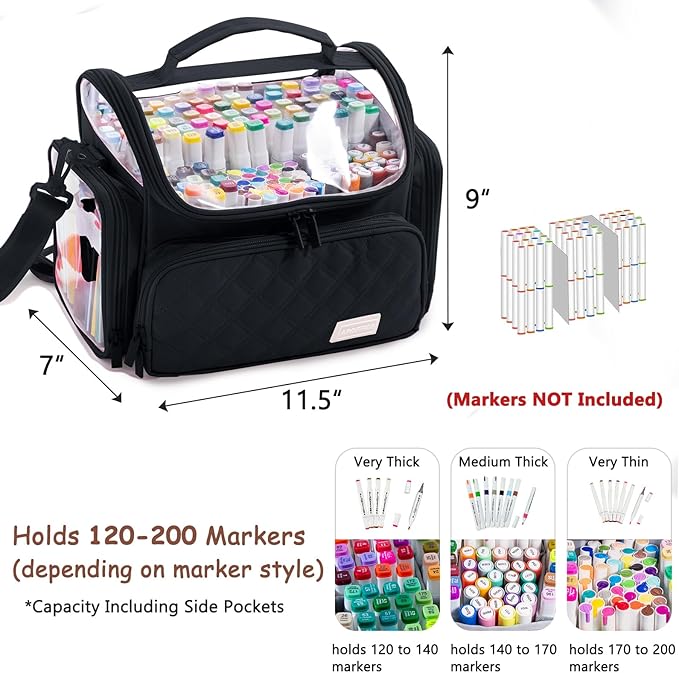 Large Marker Organizer Case Holds 150-200 Markers | Art Marker Storage Bag with Removable Dividers & Clear Top for Artists, Crafters & Travel - Pen, Pencil Alcohol Marker Holder - Art Supply