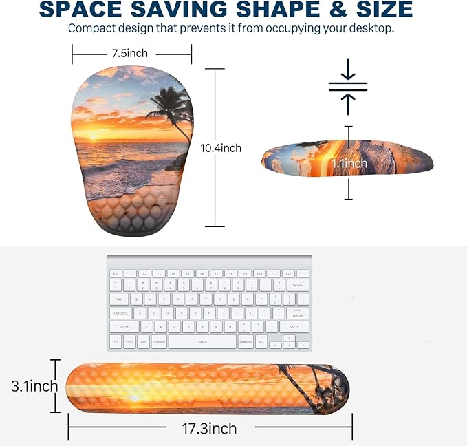 Ergonomic Mouse Pad and Keyboard Wrist Rest with Massage Design, Space-Saving Mouse Pad Wrist Support, Memory Foam Wrist Rest with Non-Slip PU Base for Computer Desk, Beach