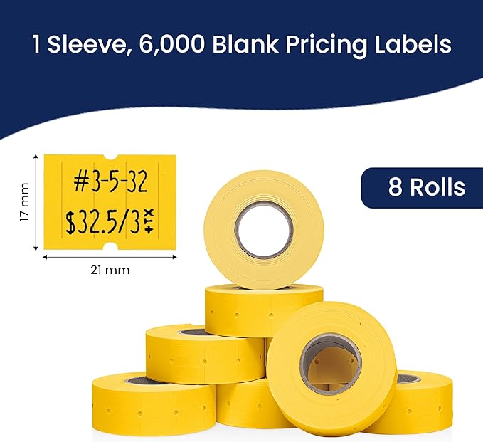 Perco 2 Line Yellow Labels - 8 Rolls, 1 Sleeve, 6,000 Blank Price and Date Gun Labels for Perco 2 Line Price and Date Guns - Made in USA