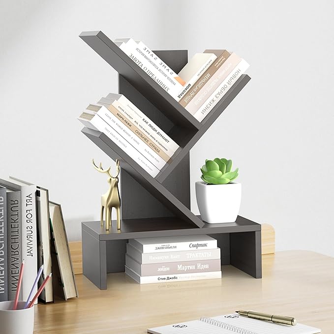Godferyxin Tree Bookshelf with Drawer,Wood Small Bookshelf for School,Office,Desk Book Shelf Storage Rack for Decor,Bedrooms,Living Rooms Mini Shelf
