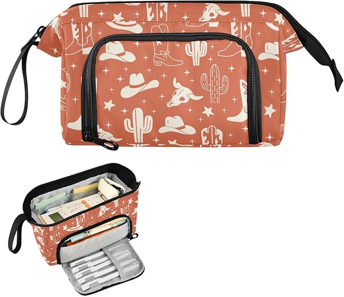 Western Cowboy Orange Pencil Case Pouch Big Capacity Pencil Bag Box Organizer Pen Case with Zipper Pencil Boxes for Boys Girls Kids Women School College