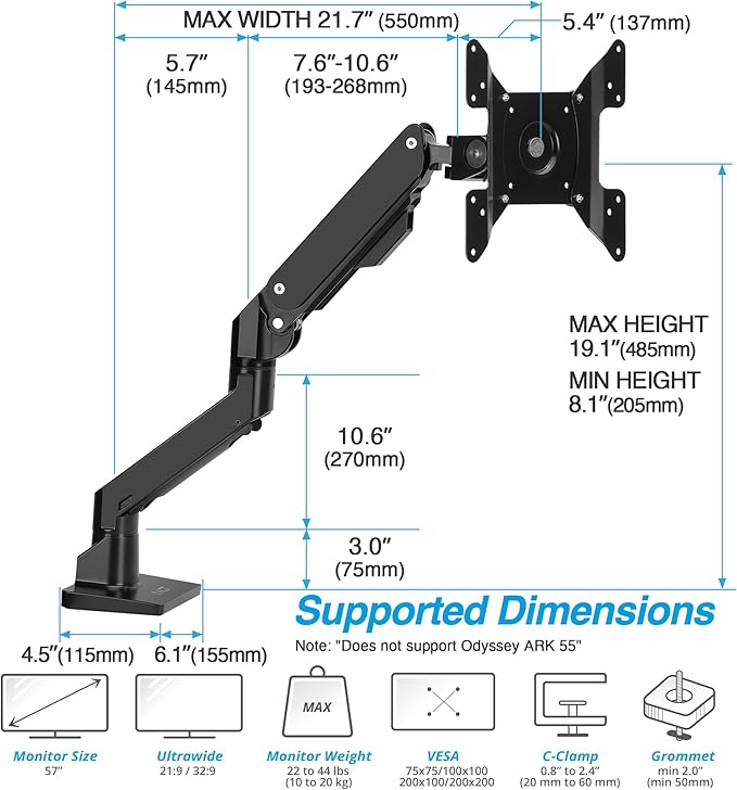 AVLT Single Monitor Arm Desk Mount for 34 to 57 in Screens – Fits One 44 lb Heavy Duty Monitor – Full Motion Height, Swivel, Tilt, Rotation – VESA 200x200, 200x100, 100x100, 75x75 – Black