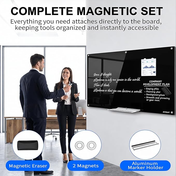 AFMAT Magnetic Glass Whiteboard, 96" x 48" Glass Dry Erase Board, 4mm Tempered Glass w/Strong Magnetic Surface, Large White Board for Wall, Frameless Wall Mounted Black Board for Office Home School