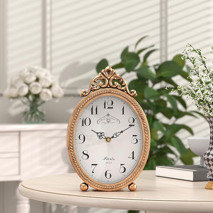Abdurey Vintage Table Clock on Stand, Desk and Shelf Decorative Clock, French Rustic Style Antique Gold Mantel Clocks for Living Room,Farmhouse,Bedroom,Bedside,Gift Clocks