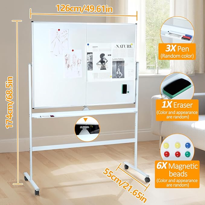47 x 35 in Double Sided Rolling Whiteboard, Mobile Whiteboard Magnetic White Board - Large Reversible Dry Erase Board Easel Standing Board on Wheels with Stand
