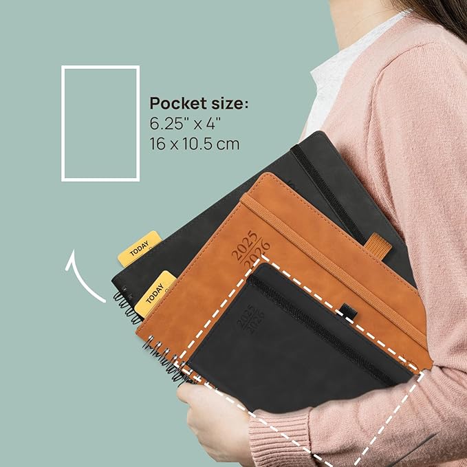POPRUN Weekly Planner 2025-2026 (Pocket Size 4''x 6.25'') Academic Calendar (JUL.25 - JUN.26) Appointment Book with Monthly Tabs, Leather Soft Cover, Inner Pocket, 100 GSM - Lilac