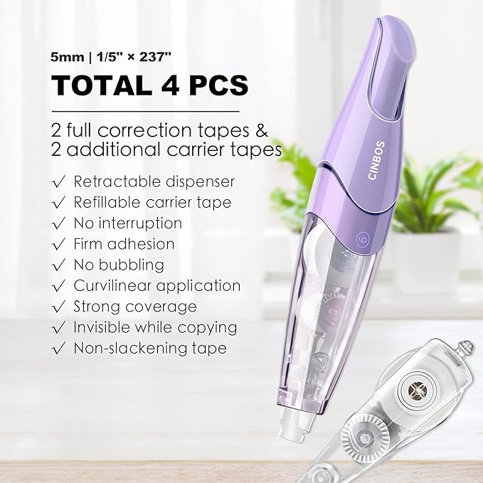 CINBOS Refillable Retractable Correction Tape with 2 Extra Refills, White Smooth Pull Out Cute Correction Tape for Office Supplies, 4 PCS (CS-26)