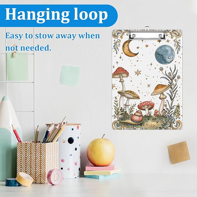 Mushrooms Moon Clipboard Decorative Clip Board with Metal Clip A4 Standard Size 12.5" X 8.7" for Teacher Students Nurses Office