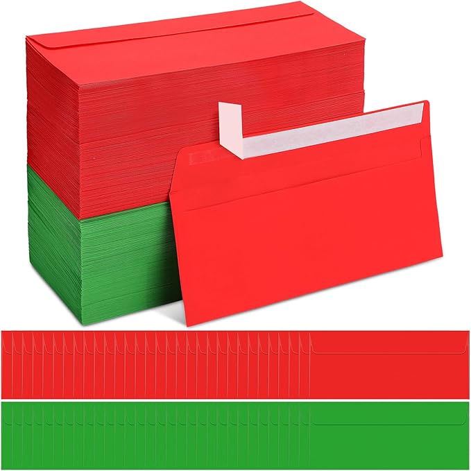 Outus 500 Pcs #10 Colored Envelopes Business Envelopes Adhesive Security Letter Size for Mailing Office Letter Check Invoices Letterhead Invitations Announcements 4-1/8 x 9-1/2''(Red, Green)