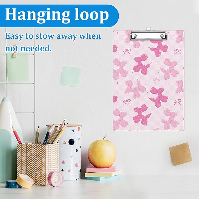 Pink Balloon Dog Bow Clipboard Decorative Clip Board with Metal Clip A4 Standard Size 12.5" X 8.7" for Teacher Students Nurses Office
