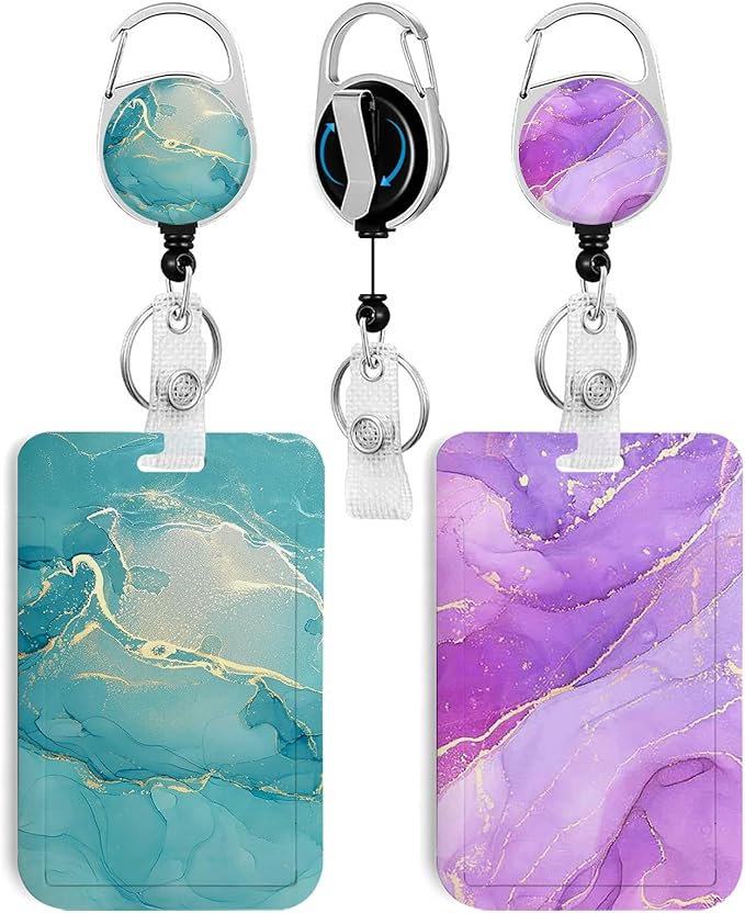 2 Pack Marble ID Badge Holder with Heavy Duty Retractable Reel Keychain for WomenStudents,Teachers, Nurses, Office Use 3