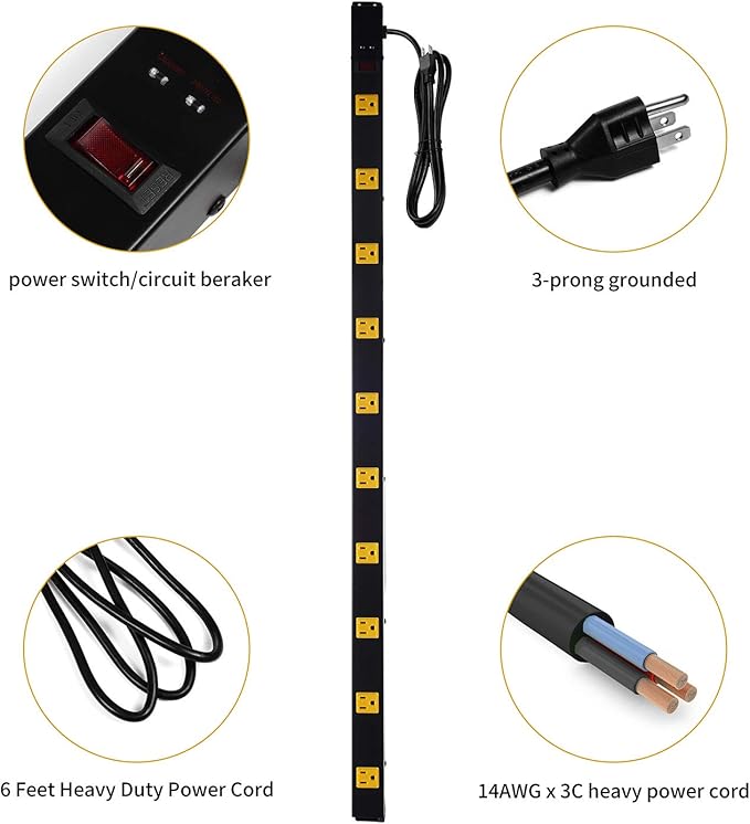 10-Outlet Heavy Duty Power Strip Surge Protector Metal Long Extension Cord 6-Foot, SGS Certified,Black(1000J)…