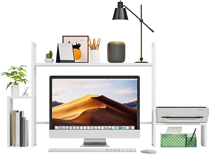 WelFurGeer LED Desk Shelf Organizer with RGB Light Strip, 2-Tier Desktop Shelf for Computer Monitor, Sturdy Metal Frame & Wood Shelves - Desk Hutch Bookshelf for Home Office, Dorm, Gaming (White)