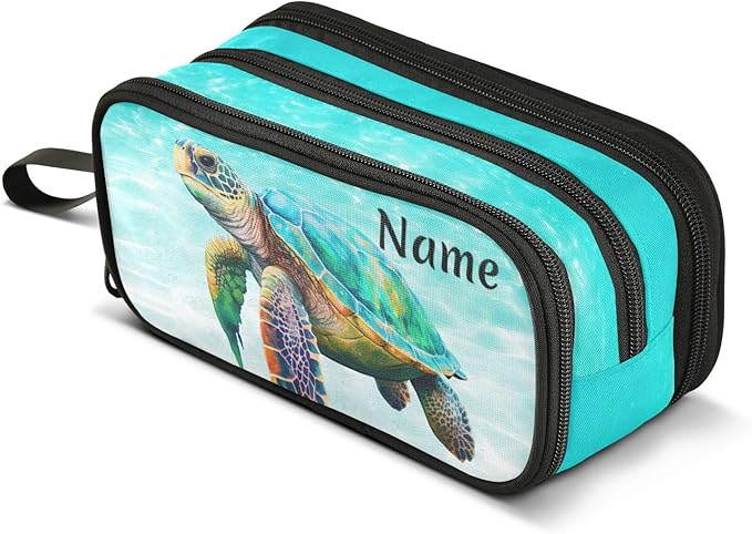 Custom Sea Turtle Teal Pencil Case Box Boys Girls Personalized Name Large Pencil Pouch Stationery Pen Bag Organizer for Kids Adults School Office
