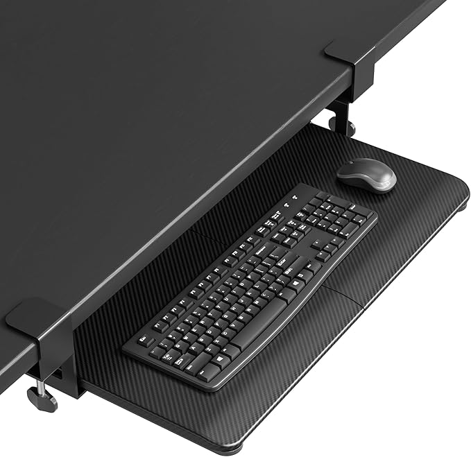 BONTEC KMT01 Under Desk Keyboard Tray, Pull-Out Keyboard & Mouse Platform with C-Clamp, 25.6 x 11.8 in Space-Saving Ergonomic Slide-Out Drawer, Black Carbon Fiber