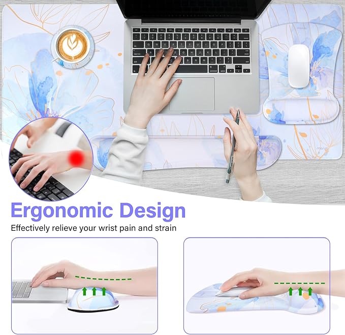 MOSISO Desk Pad Mat Keyboard Mouse Pad Set, Large Gaming Mouse Pad&Keyboard Wrist Rest&Mouse Pad with Wrist Rest&Coaster, Ink Petals Ergonomic Non-Slip Mousepad with Memory Foam for Home Office,Blue