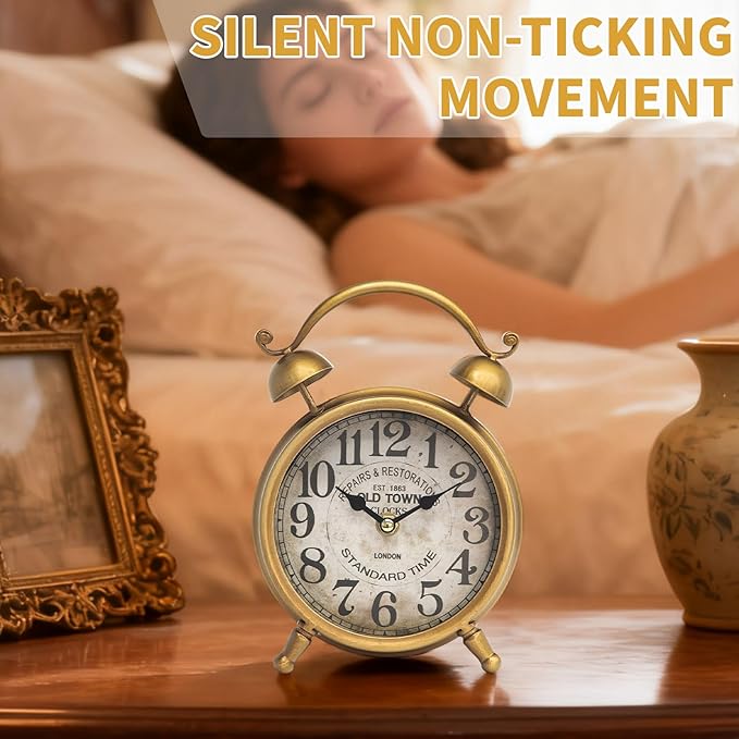 Antique Gold Table Clock for Living Room Decor, Rustic Farmhouse Desk and Shelf Clock, Silent Non-Ticking Mantel Clock for Bedroom, Living Room, Kitchen, Battery Operated