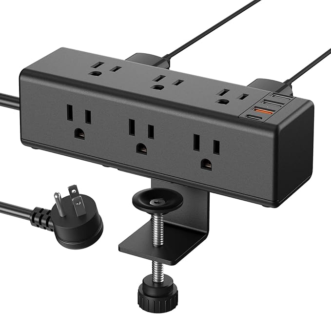 CCCEI Desk Clamp Power Strip with 9 Outlets, Desktop Edge Mount Surge Protector with USB-A and USB-C Ports, Widely Spaced Desk Outlet Fast Charging Station, 4 FT Flat Plug, Fit 1.6 inch Table.
